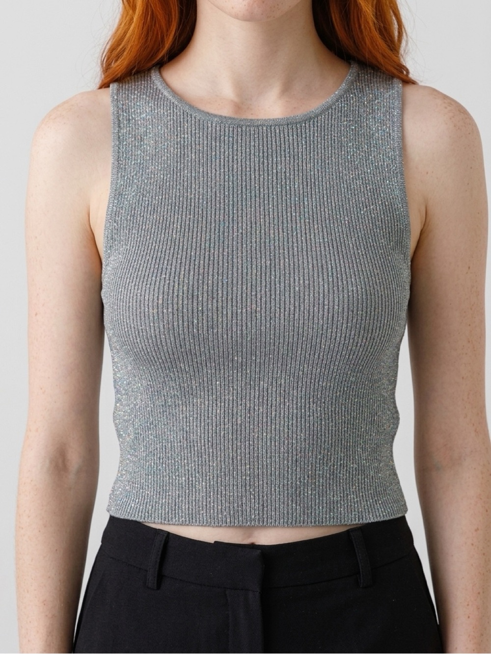 Sleeveless Metallic Ribbed Crop Top - Silver